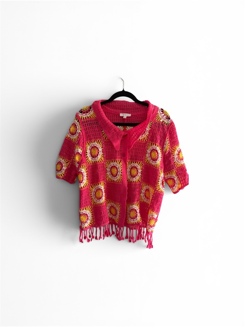 Women's Hot Pink Crochet Polo Top with Sunburst Motifs